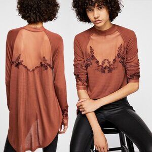 Free People Saheli Tunic Top S Sheer Embroidered Mesh Lace Boho Brown Whimsy $88